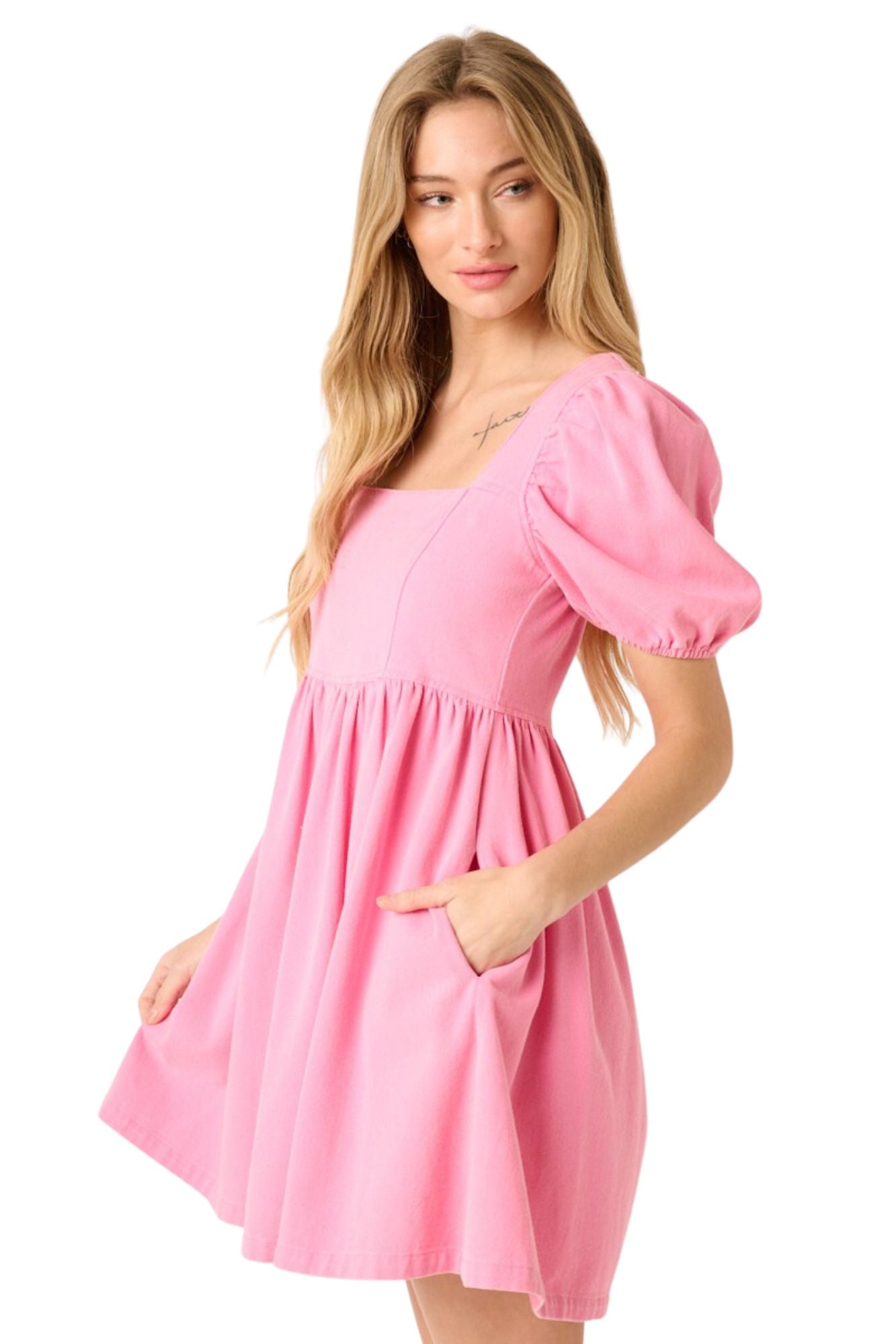 Denim Puff Sleeve Babydoll Dress